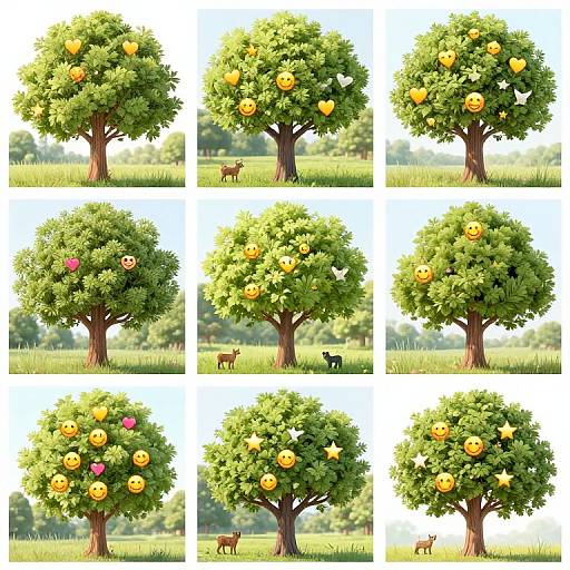 Digital illustration grid of nine orange and yellow fruit trees with various smiley faces, hearts, and animals (deer, black cat) in a sunny grass