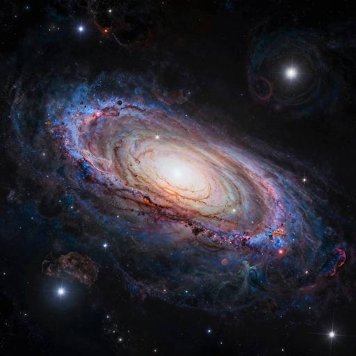 Photograph of a vibrant spiral galaxy with bright white core, swirling blue, red, and purple gas clouds, surrounded by dark space with twinkling stars