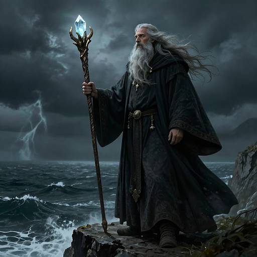 Medieval Sorcerer with Crystal Staff on Stormy Cliff