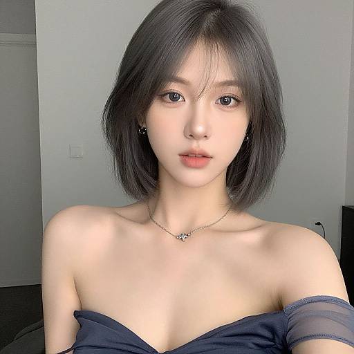 Photograph of an Asian woman with short black hair, fair skin, wearing a black off-shoulder top and delicate necklace, looking directly at the