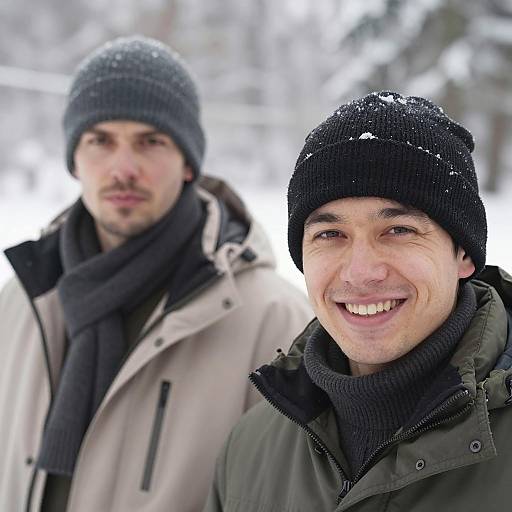 Winter Duo: Smiles in Snowy Landscape