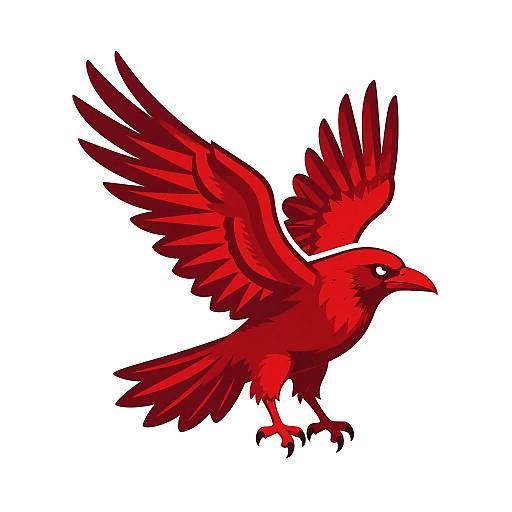 Digital illustration of a vivid red crow in mid-flight, wings spread wide, sharp beak, intense gaze, white background, bold colors.