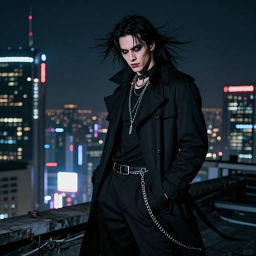 Gothic male with pale skin, black hair, and intense gaze stands on rooftop at night, wearing black coat, chain necklace, and pants,