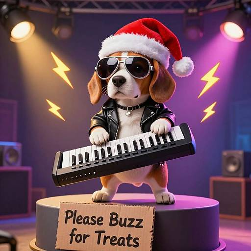 Digital cartoon of a cute, brown and white Beagle wearing a Santa hat, sunglasses, and leather jacket, playing a keyboard on stage with colorful lights