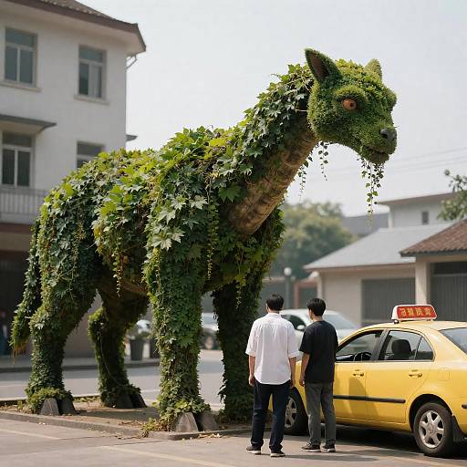 Vine-Covered Creature in Urban Landscape