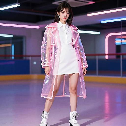 Futuristic Athletic Woman in Neon Skating Rink