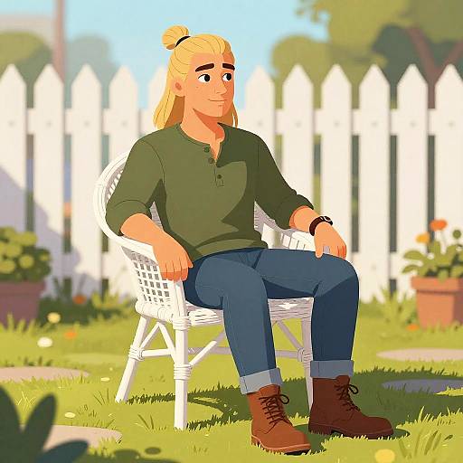 Digital illustration of a blonde woman with a bun, green shirt, blue jeans, brown boots, sitting on white chair in sunny garden with white picket