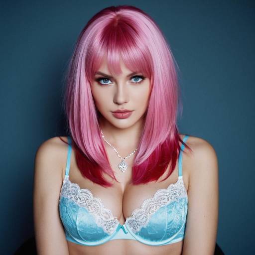 Woman with Pink Hair Wearing Blue Lingerie