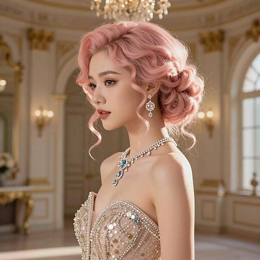Photorealistic CGI of a pink-haired woman with curly updo, wearing a sparkling strapless gown and diamond jewelry, in an elegant, chandelier