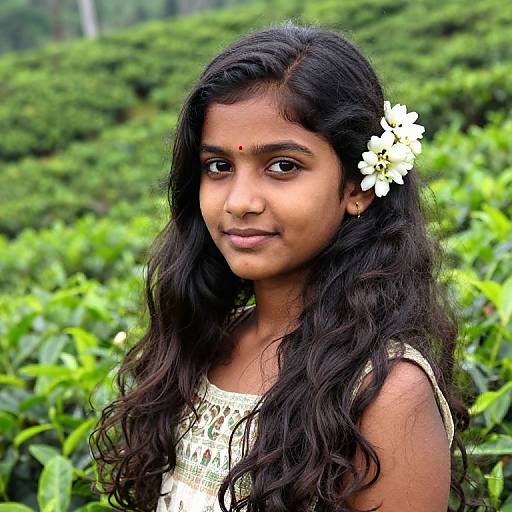 Photograph of a young Indian woman with long, wavy black hair, a white flower in her hair, wearing a gold-patterned top, standing