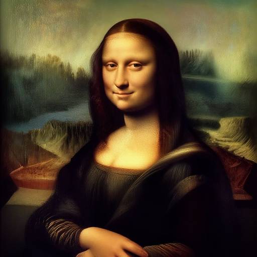 Digital art of the Mona Lisa with a modern twist, featuring a realistic yet slightly glowing face, dark brown hair, and a black, textured dress,