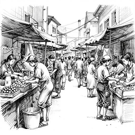 Black-and-white sketch of a bustling outdoor market. Crowded with shoppers and vendors, tables filled with fruits and vegetables, shaded by awnings, narrow
