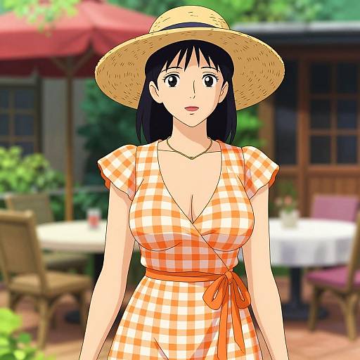 Digital anime-style drawing of a woman with black hair, wearing a straw hat, orange and white checkered dress with a deep V-neck, standing outdoors