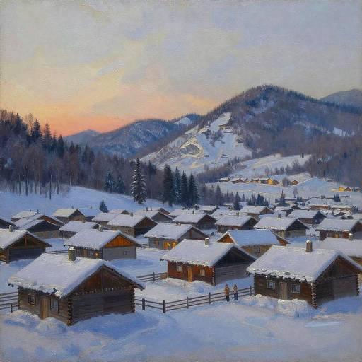 Photorealistic painting of a snowy Alpine village at sunset, featuring wooden chalets with snow-covered roofs, surrounded by a forested mountain landscape with a