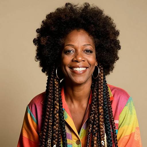 Photograph of a smiling Black woman with natural afro, long braids, wearing a colorful, rainbow-patterned shirt, large silver hoop earrings,