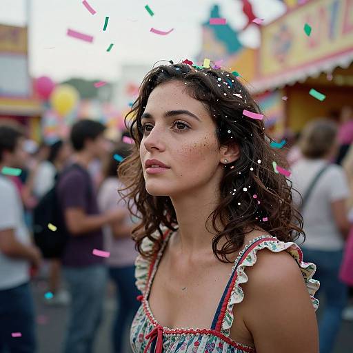 Photograph of a young woman with curly brown hair, wearing a colorful, ruffled dress, standing at a busy carnival, with confetti falling around