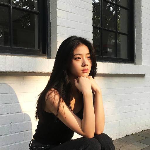 Photograph of an Asian woman with long black hair, wearing a black tank top and black pants, sitting against a white brick wall with black-framed