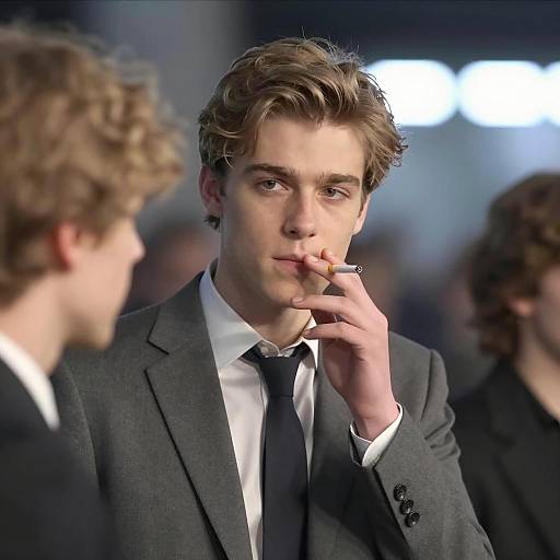 Focused Young Man with Cigarette in Suit