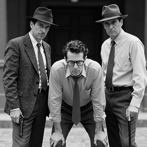 Black and white vintage gangster trio with intense expressions