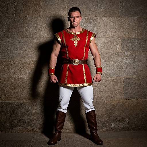 Photograph of a muscular man in a red and gold gladiator-style tunic, white pants, brown boots, standing against a textured stone wall.