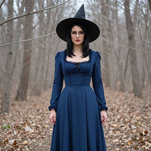 Photograph of a pale-skinned woman with black hair, glasses, and a black witch hat, wearing a long, dark blue, Victorian-style dress