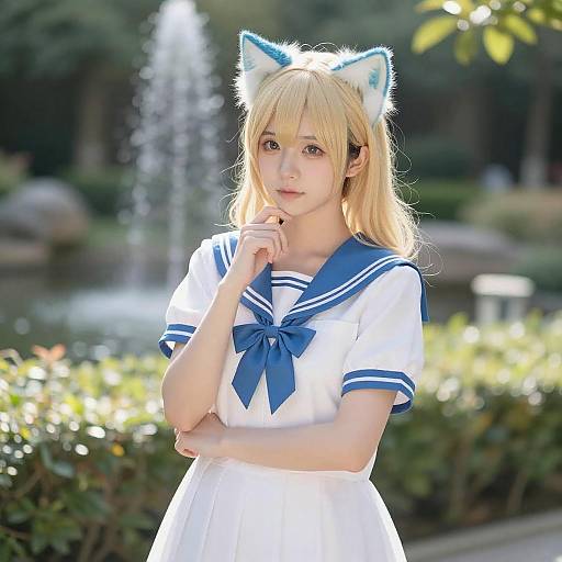 Blonde Woman with Blue Cat Ears in Garden