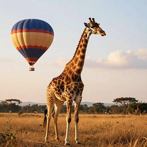 Photograph of a giraffe with a distinct brown and white pattern standing in a sunlit savanna, with a colorful hot air balloon in the clear