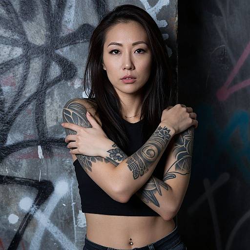 Asian Woman with Tattoos Against Graffiti