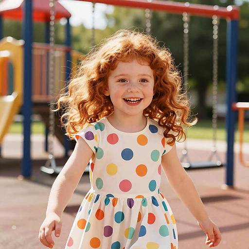 Photograph of a smiling young girl with curly red hair, wearing a white dress with colorful polka dots, in a bright playground.