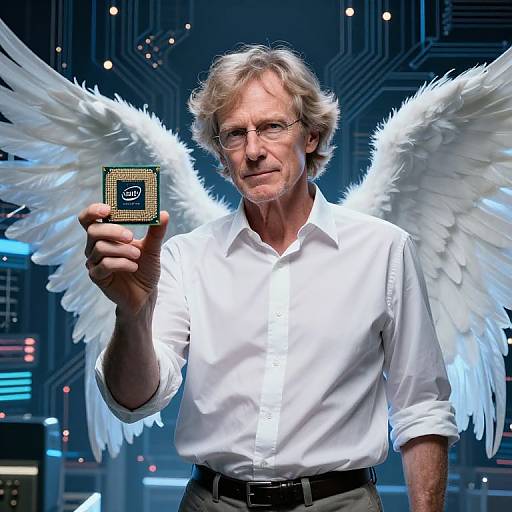 Photograph of elderly man with white wings, wearing white shirt, holding a glowing black and gold square against futuristic blue background.