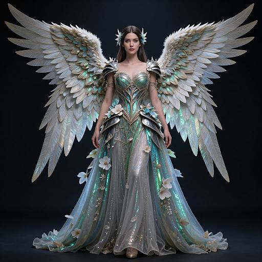 Digital artwork of a fair-skinned, dark-haired woman with large, glowing white angel wings, wearing a shimmering, teal and silver gown adorned with