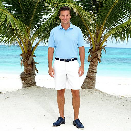 Photograph of a smiling, medium-built man with short brown hair, wearing a light blue shirt, white shorts, black belt, and black shoes,