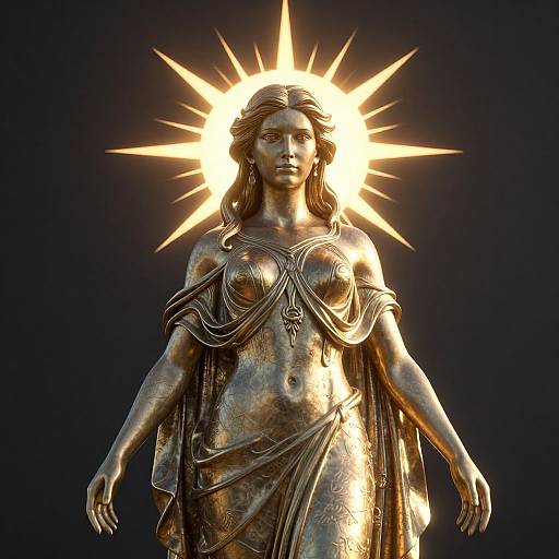Photograph of a bronze statue of a radiant, crowned female figure with sunburst halo, draped in flowing robes, against a dark background.