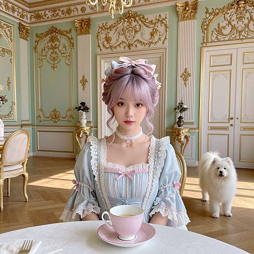 Digital anime-style photograph: A purple-haired girl in a blue, lace-trimmed dress with pink bow, sitting at a sunlit, ornate