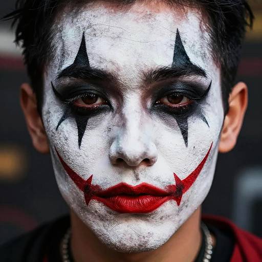 Close-up photograph of a person with pale face paint, black star-shaped eye markings, red bat-like lips, and intense gaze.