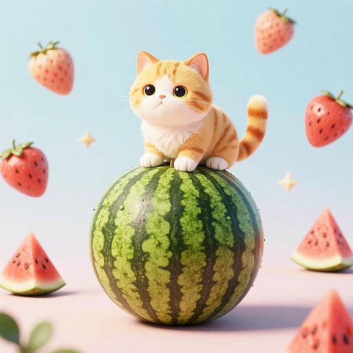 Surreal Whimsical Cat on Watermelon
