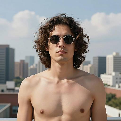 Shirtless Man with Curly Hair and Sunglasses in Cityscape
