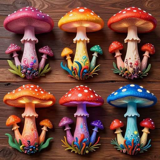 Vibrant, colorful, fantasy-style mushroom decorations with detailed patterns, multicolored caps, and stems, displayed on a wooden background. Digital art