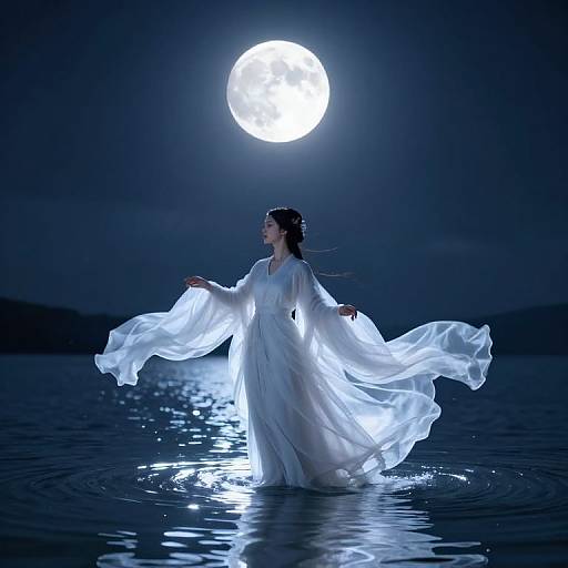 Photograph of a woman in a flowing white dress standing in moonlit water, illuminated by a bright full moon above.