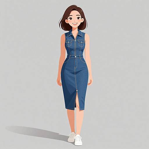 Digital illustration of a smiling woman with brown hair, wearing a blue denim sleeveless dress and white sneakers, standing against a plain white background.