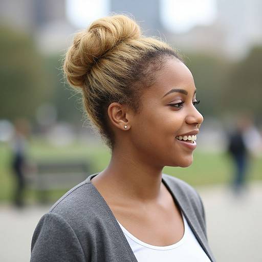 Photograph of a smiling Black woman with blonde-brown hair in a bun, wearing a gray cardigan and white shirt, standing outdoors in a blurred