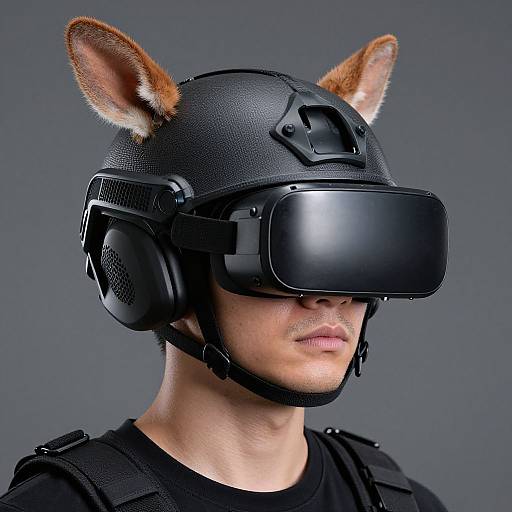 Photograph of a man wearing a black VR helmet with fox ears, black headset, and tactical vest, against a gray background.