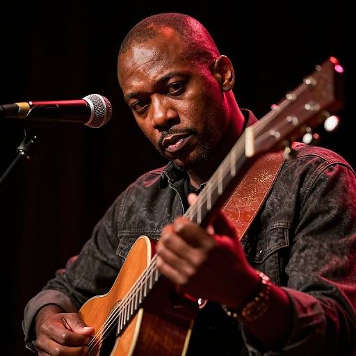 Photograph of a serious, dark-skinned man with a bald head, wearing a black denim shirt, playing an acoustic guitar on stage with a microphone