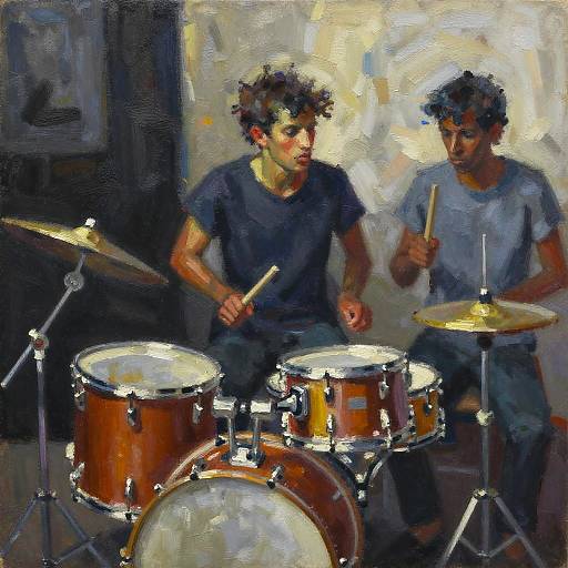 Impressionist-style digital painting of two young men with curly hair, playing drums and cymbals in a dimly lit room.