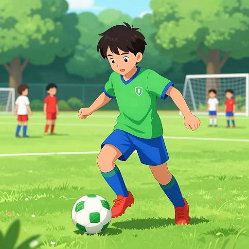 Digital illustration of a young boy with black hair, wearing a green soccer jersey, blue shorts, and red shoes, dribbling a soccer ball on a