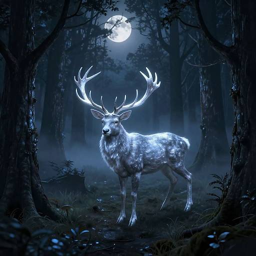 Digital artwork of a luminous, silver-coated deer with large antlers standing in a dark, moonlit forest, surrounded by trees and mist.