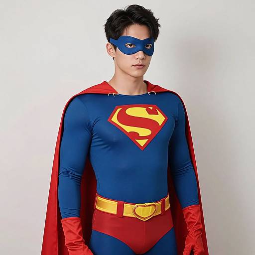 Photograph of an Asian man in a Superman costume: blue bodysuit, red cape, yellow 