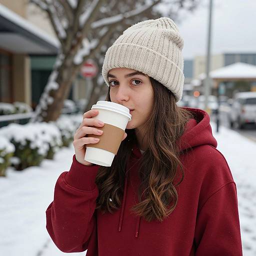 Photograph of a young woman with long brown hair, wearing a white knit beanie and red hoodie, sipping a coffee in a snowy urban setting