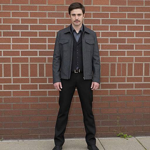 Photograph of a white man with dark hair and mustache, wearing a black jacket, shirt, and pants, standing against a red brick wall.