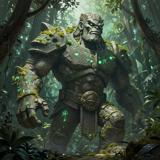 Digital fantasy artwork of a muscular, armored, stone-like warrior with glowing green runes, surrounded by a dense, misty jungle.